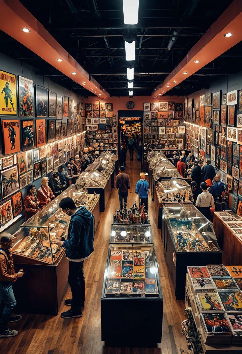 A vibrant scene featuring diverse adult collectibles such as vintage action figures, rare comic books, and unique vinyl toys displayed in an attractive, well-lit trading setup. Include a diverse group of modern traders enthusiastically engaging in conversations and examining items, with hints of nostalgic decor in the background. Capture an atmosphere of excitement and camaraderie within the subculture of adult collectibles. super-realistic. vibrant colors. 3D.