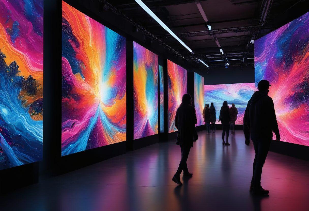 Create a captivating digital art scene showcasing a vibrant marketplace filled with diverse sensual artworks. Include artists painting, people engaging with their creations, and art pieces with vivid colors displaying intimacy and emotion. The atmosphere should be lively and inviting, with dreamlike elements enhancing the surreal feel. Highlight the fusion of technology and artistry through glowing screens and interactive installations. ultra-realistic. vibrant colors. dynamic composition.