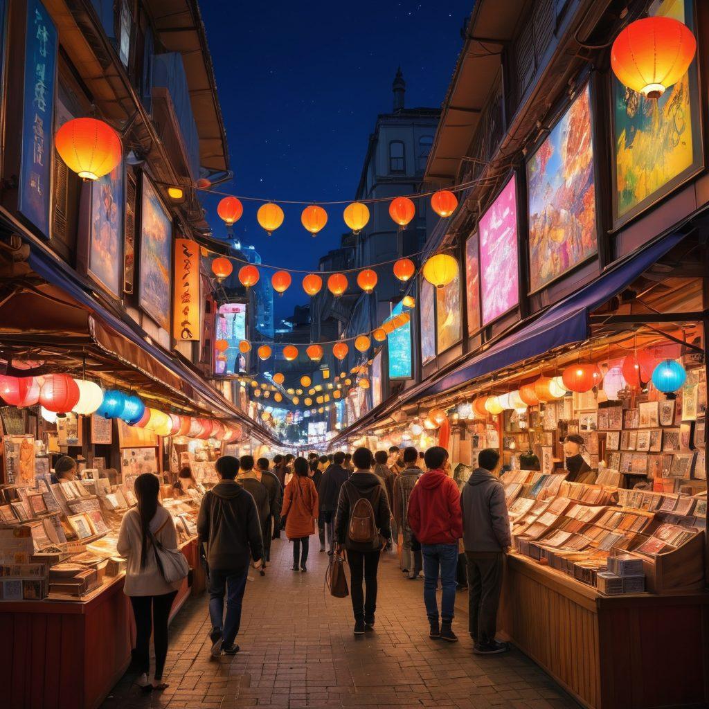 A lively marketplace scene filled with vibrant stalls showcasing adult anime and manga artwork. Colorful digital art and collectibles line the tables, with artists passionately discussing their work. Characters in various styles are displayed, creating a sensual and artistic atmosphere. The backdrop features playful anime-inspired decorations and bright neon lights reflecting the excitement of the trading culture. vibrant colors. super-realistic.
